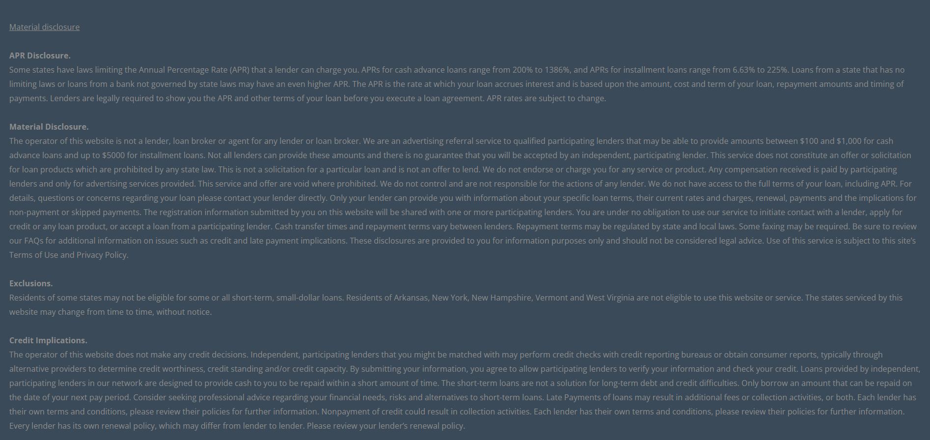 Material disclosure for payday loans in Santa Clara California